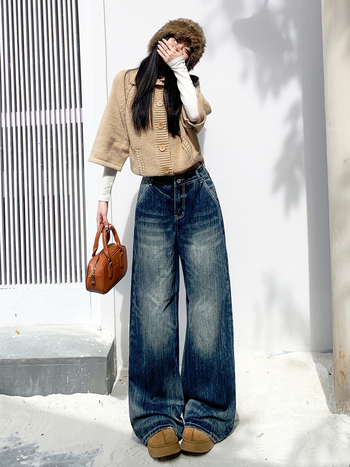 Ženske traperice s visokim strukom, široke nogavice, pune duljine, bez elastana, pamukova smjesa 80–90%, jesen-zimska kolekcija 2025, elegantan gradski stil za posao