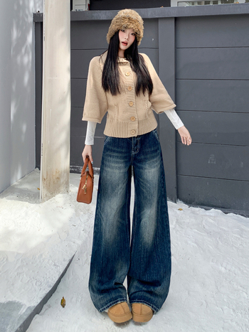 Ženske traperice s visokim strukom, široke nogavice, pune duljine, bez elastana, pamukova smjesa 80–90%, jesen-zimska kolekcija 2025, elegantan gradski stil za posao