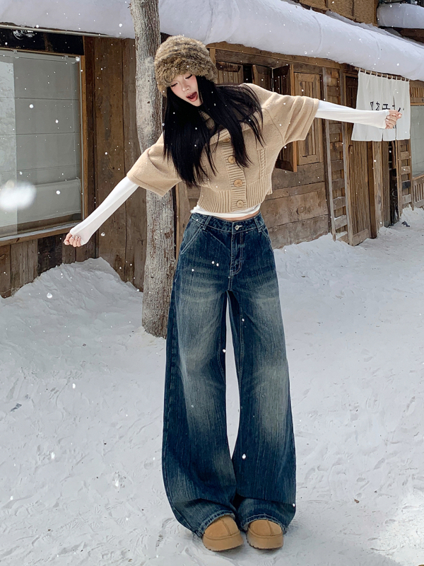 Ženske traperice s visokim strukom, široke nogavice, pune duljine, bez elastana, pamukova smjesa 80–90%, jesen-zimska kolekcija 2025, elegantan gradski stil za posao