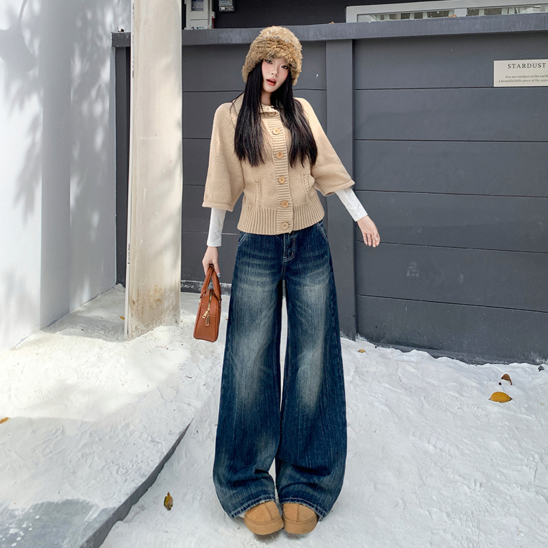 Ženske traperice s visokim strukom, široke nogavice, pune duljine, bez elastana, pamukova smjesa 80–90%, jesen-zimska kolekcija 2025, elegantan gradski stil za posao