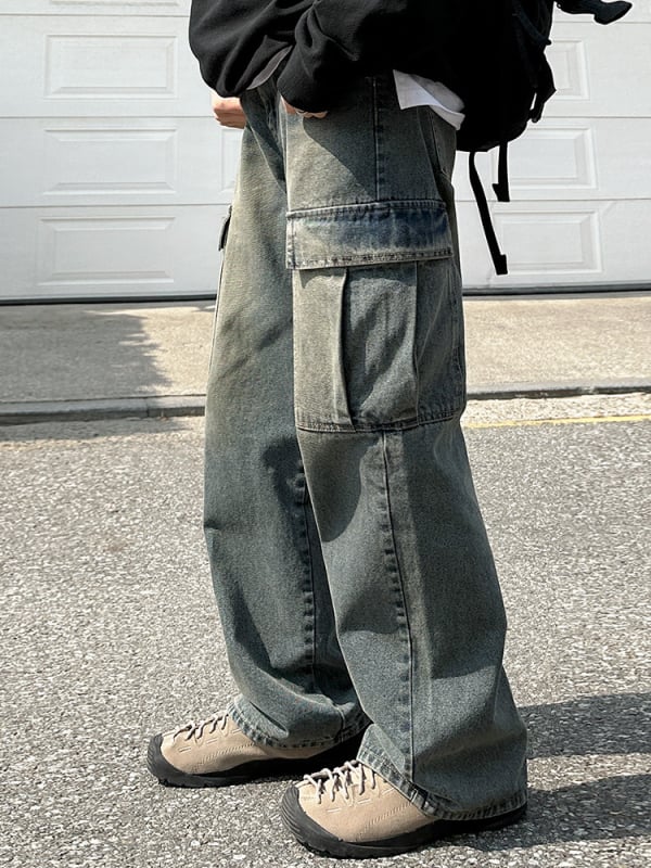 Muške traperice u korejskom stilu Straight, s izbrušenim efektom, srednja struka, 65% pamuka 35% poliestera