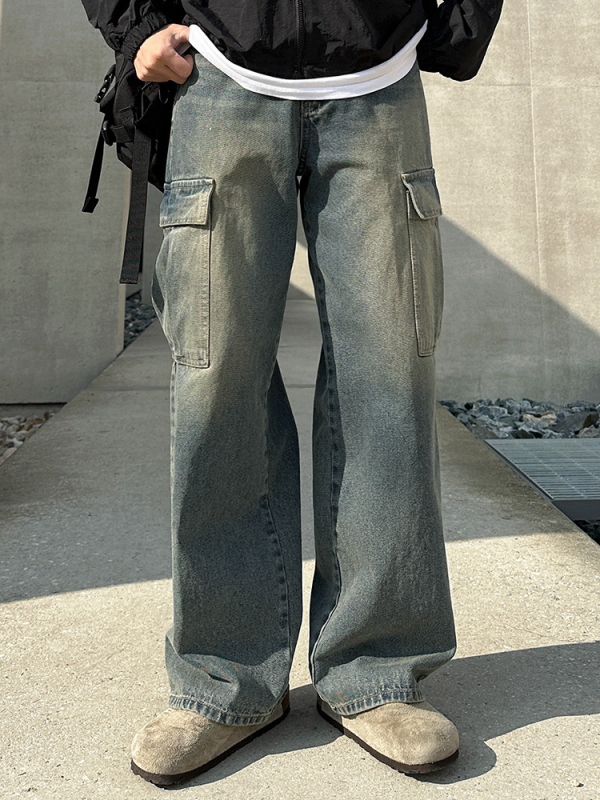 Muške traperice u korejskom stilu Straight, s izbrušenim efektom, srednja struka, 65% pamuka 35% poliestera