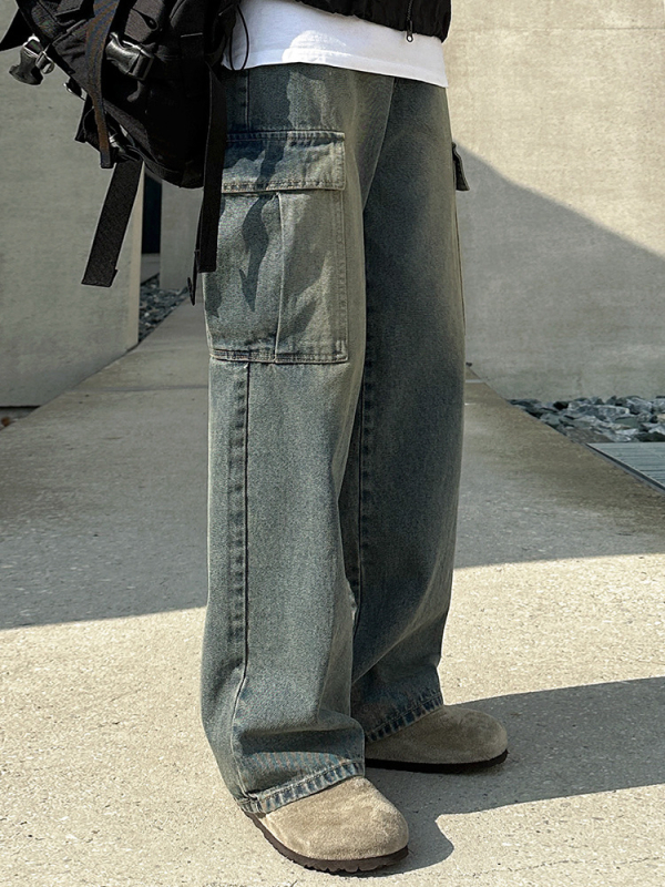 Muške traperice u korejskom stilu Straight, s izbrušenim efektom, srednja struka, 65% pamuka 35% poliestera