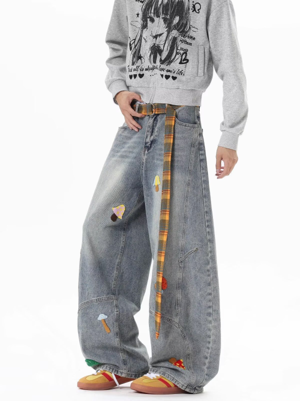 Muške traperice u američkom retro stilu, opuštena silueta, ravne nogavice, srednji struk, distresirano pranje, 100% pamuk