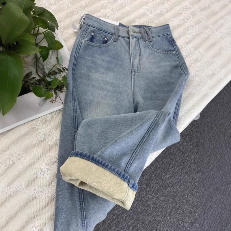 Traperice s visokim strukom, podstavljene flisom, debeli denim, mikroelastične, ravnog kroja