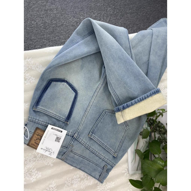 Traperice s visokim strukom, podstavljene flisom, debeli denim, mikroelastične, ravnog kroja