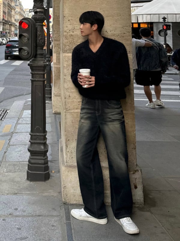 MYQ muške traperice od denima, vintage izblijedjeli stil, labav kroj, srednji struk, zatvarač, ravni kroj, zimski model