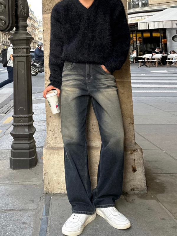 MYQ muške traperice od denima, vintage izblijedjeli stil, labav kroj, srednji struk, zatvarač, ravni kroj, zimski model