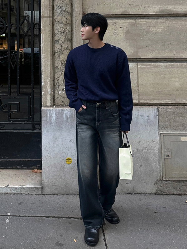 MYQ muške traperice od denima, vintage izblijedjeli stil, labav kroj, srednji struk, zatvarač, ravni kroj, zimski model