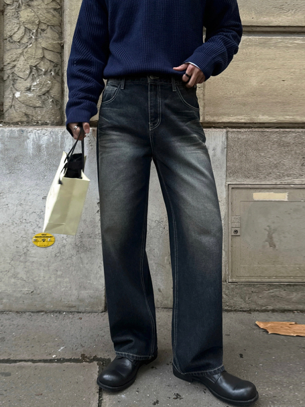 MYQ muške traperice od denima, vintage izblijedjeli stil, labav kroj, srednji struk, zatvarač, ravni kroj, zimski model