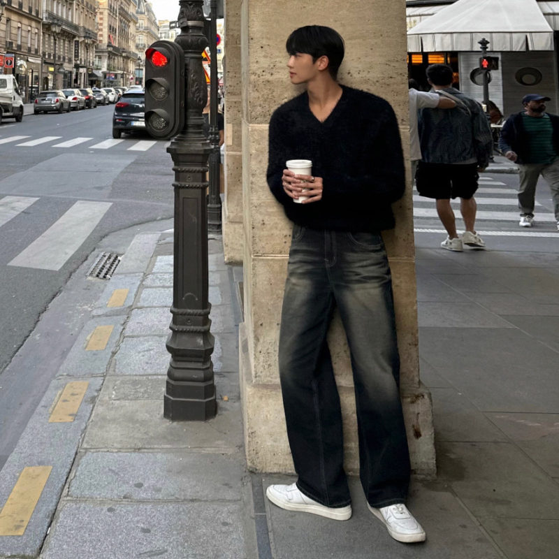 MYQ muške traperice od denima, vintage izblijedjeli stil, labav kroj, srednji struk, zatvarač, ravni kroj, zimski model