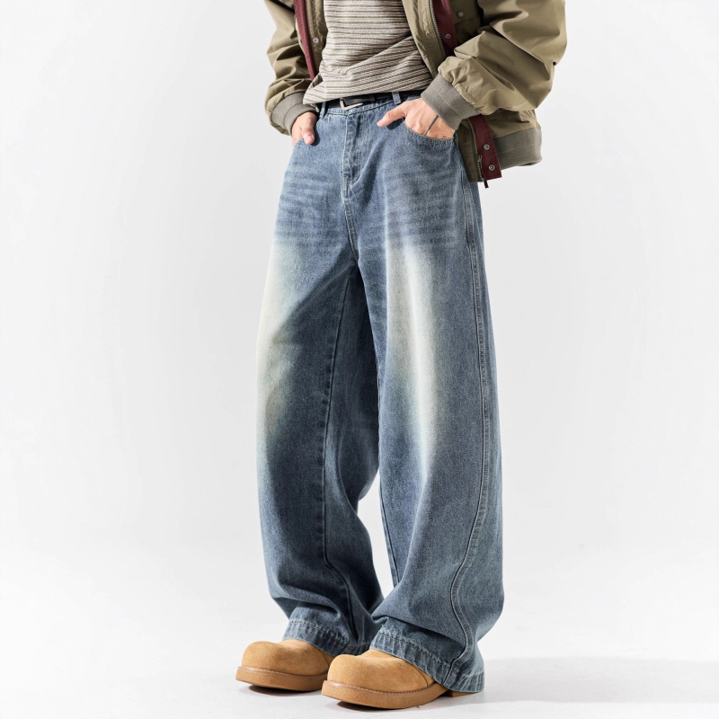 Muške traperice u vintage stilu, ravnog kroja, pamukovo-mješavina tkanine, srednji struk, kopčanje gumbima