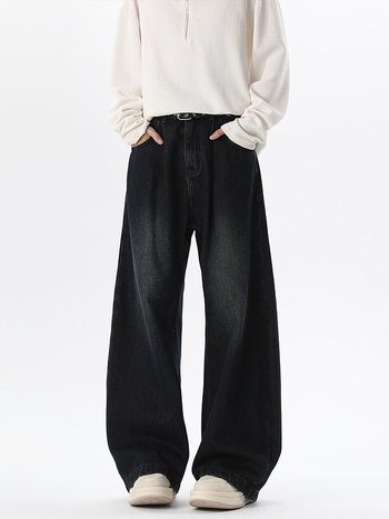 Muške pamukaste traperice s labavim ravnim krojem, dužina do poda, srednji pojas, zatvaranje na gumbe