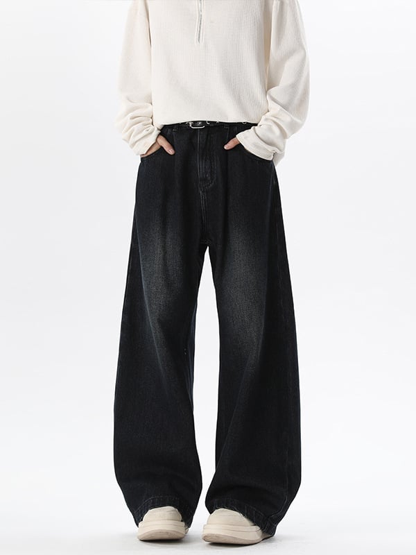 Muške pamukaste traperice s labavim ravnim krojem, dužina do poda, srednji pojas, zatvaranje na gumbe