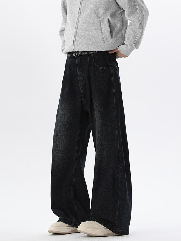 Muške pamukaste traperice s labavim ravnim krojem, dužina do poda, srednji pojas, zatvaranje na gumbe