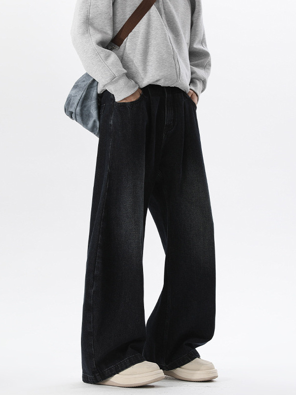 Muške pamukaste traperice s labavim ravnim krojem, dužina do poda, srednji pojas, zatvaranje na gumbe