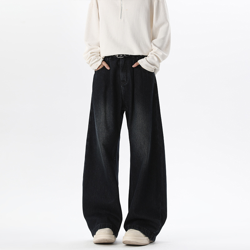 Muške pamukaste traperice s labavim ravnim krojem, dužina do poda, srednji pojas, zatvaranje na gumbe