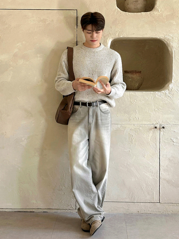 Myq retro oprane traperice za muškarce, korejskog stila, široke ravne nogavice, srednji pojas, zip