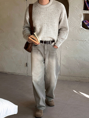 Myq retro oprane traperice za muškarce, korejskog stila, široke ravne nogavice, srednji pojas, zip