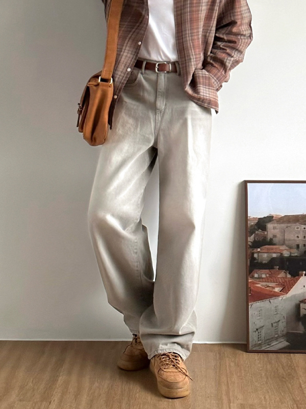 Myq retro oprane traperice za muškarce, korejskog stila, široke ravne nogavice, srednji pojas, zip