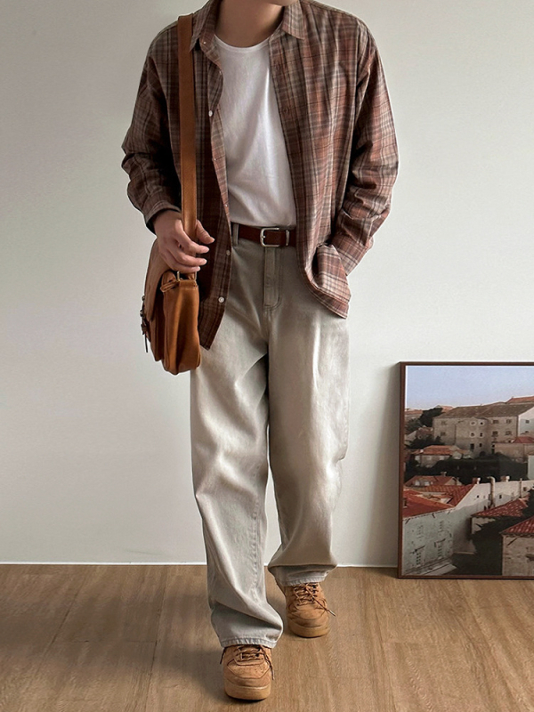 Myq retro oprane traperice za muškarce, korejskog stila, široke ravne nogavice, srednji pojas, zip