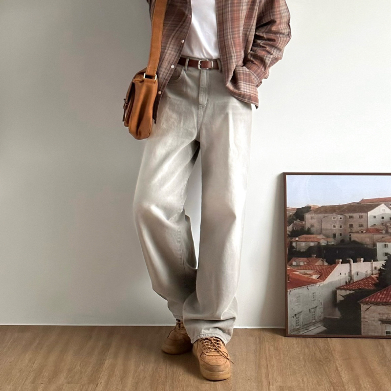 Myq retro oprane traperice za muškarce, korejskog stila, široke ravne nogavice, srednji pojas, zip