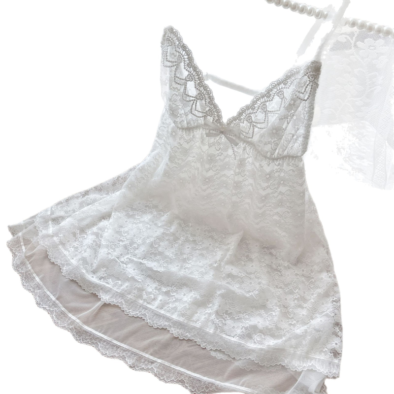 Moterų naktiniai komplektas: dvigubo nėrinių tinklo, išsiuvinėta kasytė, sagtelės, V kaklo, ultra plonas poliesteris (61–80 g/m²)