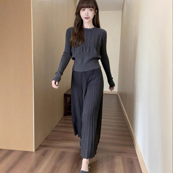 Francia stílusú elegáns kötött felső és pliszé szoknya szett nőknek, két részes őszi viselet, kerek nyakú, hosszú ujjú, magas derék, középmagas hossz