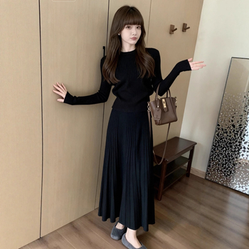 Francia stílusú elegáns kötött felső és pliszé szoknya szett nőknek, két részes őszi viselet, kerek nyakú, hosszú ujjú, magas derék, középmagas hossz