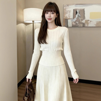Francia stílusú elegáns kötött felső és pliszé szoknya szett nőknek, két részes őszi viselet, kerek nyakú, hosszú ujjú, magas derék, középmagas hossz