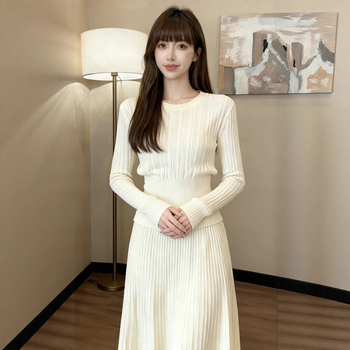 Francia stílusú elegáns kötött felső és pliszé szoknya szett nőknek, két részes őszi viselet, kerek nyakú, hosszú ujjú, magas derék, középmagas hossz