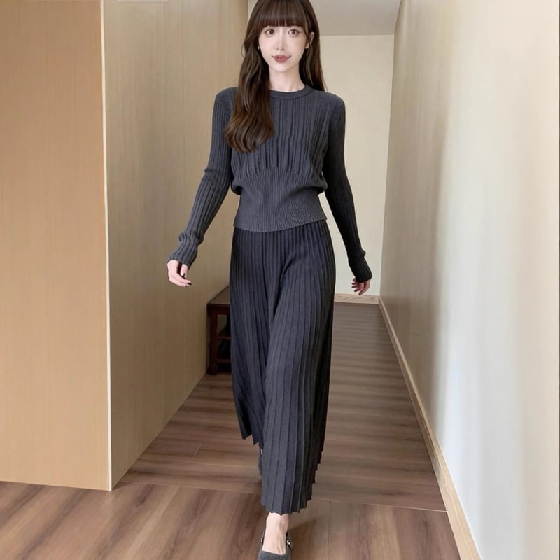 Francia stílusú elegáns kötött felső és pliszé szoknya szett nőknek, két részes őszi viselet, kerek nyakú, hosszú ujjú, magas derék, középmagas hossz