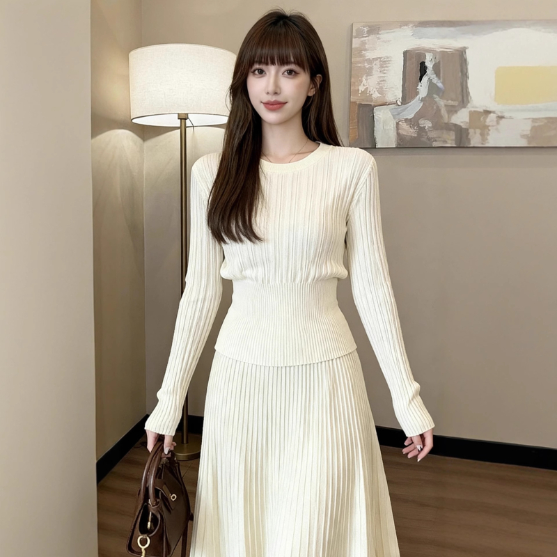 Francia stílusú elegáns kötött felső és pliszé szoknya szett nőknek, két részes őszi viselet, kerek nyakú, hosszú ujjú, magas derék, középmagas hossz
