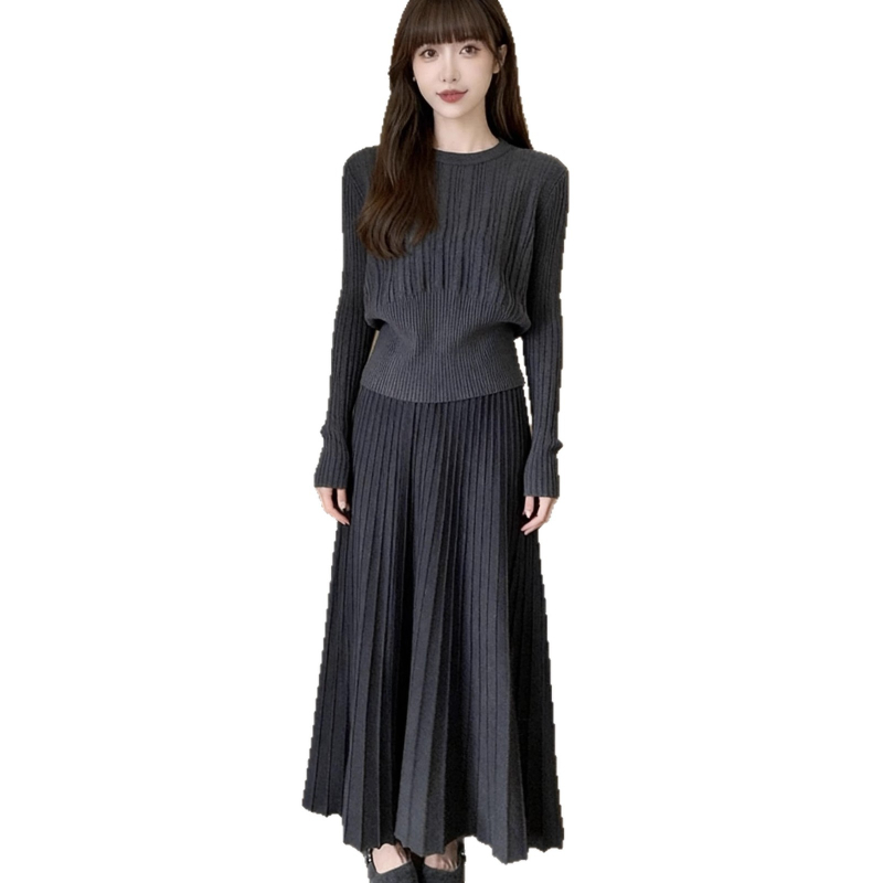 Francia stílusú elegáns kötött felső és pliszé szoknya szett nőknek, két részes őszi viselet, kerek nyakú, hosszú ujjú, magas derék, középmagas hossz