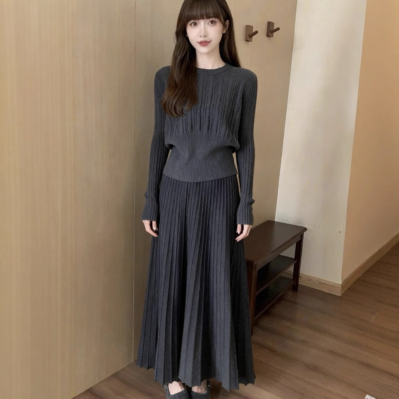 Francia stílusú elegáns kötött felső és pliszé szoknya szett nőknek, két részes őszi viselet, kerek nyakú, hosszú ujjú, magas derék, középmagas hossz