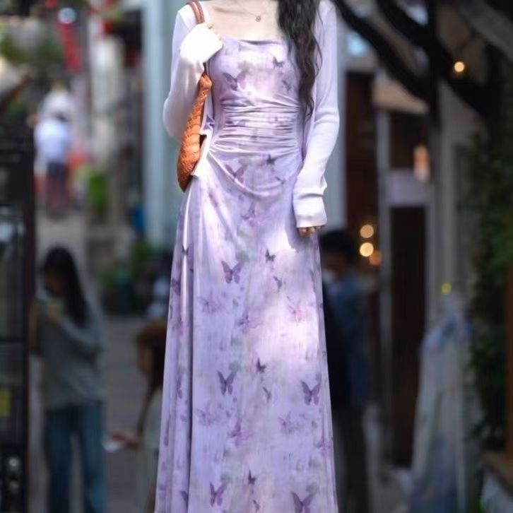 Rochie florală cu bretele și cardigan – set din două piese, talie înaltă, decolteu în U, fustă lungă în A, poliester