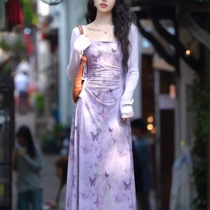 Rochie florală cu bretele și cardigan – set din două piese, talie înaltă, decolteu în U, fustă lungă în A, poliester