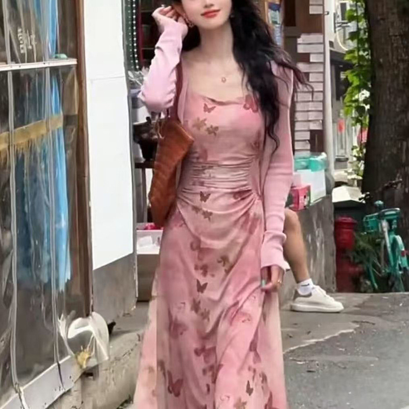 Rochie florală cu bretele și cardigan – set din două piese, talie înaltă, decolteu în U, fustă lungă în A, poliester