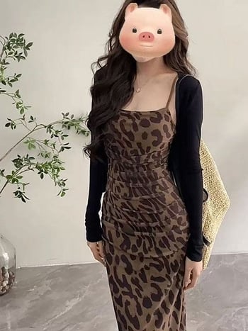 Rochie leopard imprimat, stil retro, fără mâneci, talie înaltă, din ice silk