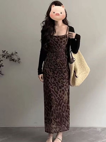 Rochie leopard imprimat, stil retro, fără mâneci, talie înaltă, din ice silk