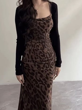Rochie leopard imprimat, stil retro, fără mâneci, talie înaltă, din ice silk