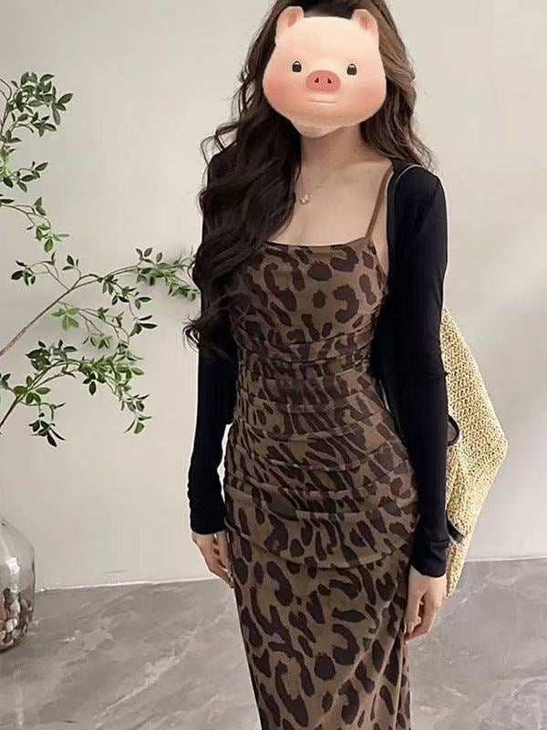 Rochie leopard imprimat, stil retro, fără mâneci, talie înaltă, din ice silk