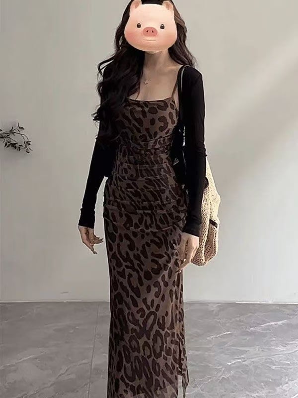 Rochie leopard imprimat, stil retro, fără mâneci, talie înaltă, din ice silk