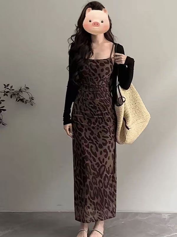 Rochie leopard imprimat, stil retro, fără mâneci, talie înaltă, din ice silk