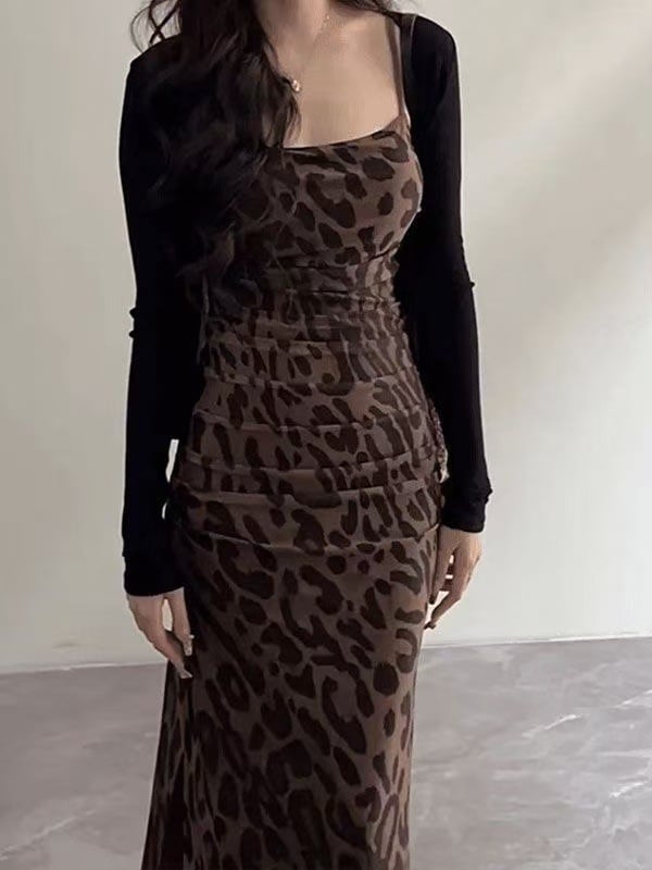 Rochie leopard imprimat, stil retro, fără mâneci, talie înaltă, din ice silk