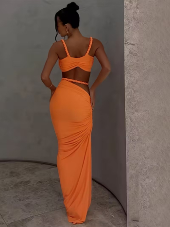 Set rochie din poliester extensibil, culoare solidă, fără mâneci, fustă lungă cu talie înaltă