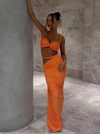 Set rochie din poliester extensibil, culoare solidă, fără mâneci, fustă lungă cu talie înaltă