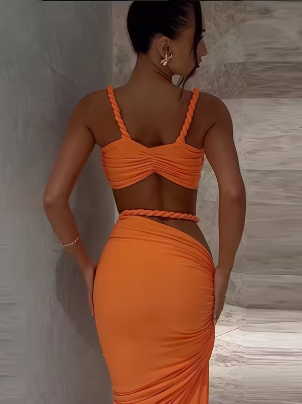 Set rochie din poliester extensibil, culoare solidă, fără mâneci, fustă lungă cu talie înaltă