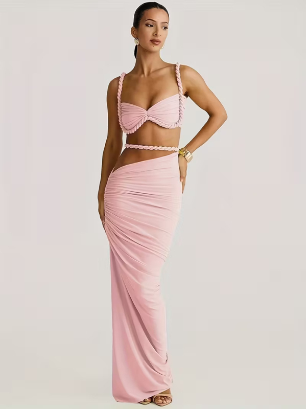 Set rochie din poliester extensibil, culoare solidă, fără mâneci, fustă lungă cu talie înaltă