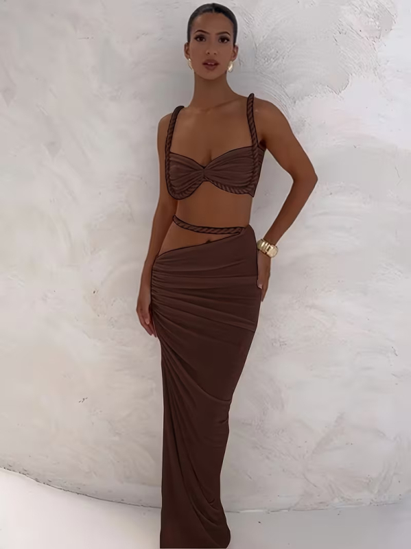 Set rochie din poliester extensibil, culoare solidă, fără mâneci, fustă lungă cu talie înaltă